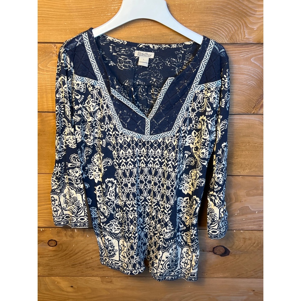 Lucky Brand Navy Blue Cream Paisley Print V Neck Lace Trim Tunic Top Large Chic